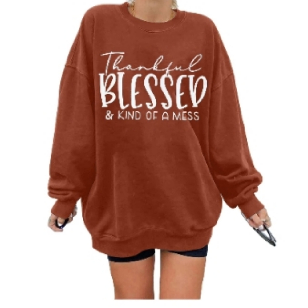 S Thankful Blessed and Kind Of a Mess Oversized Women Pullover Sweatshirt